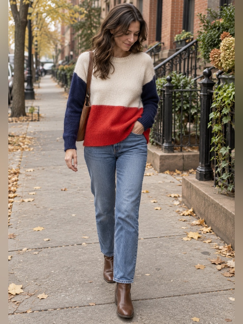 Madewell Colorblock Oversized Fuzzy Knit Sweater Cream Red Navy XS